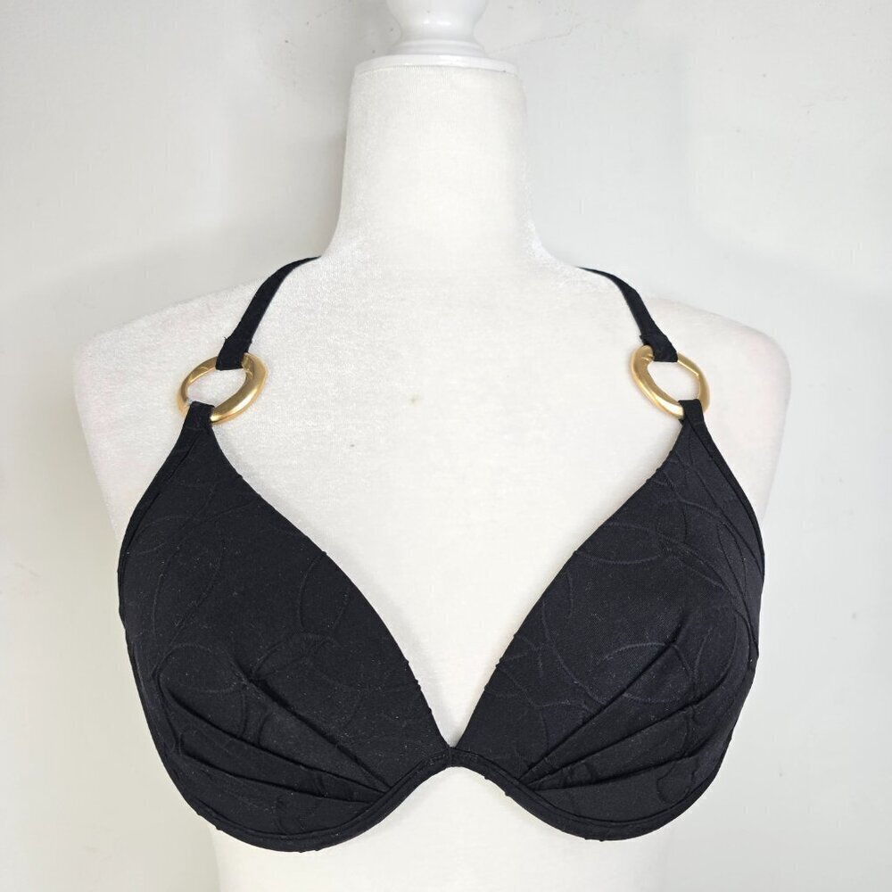 Vintage 80s Tara Grinna Black Underwired Gold Halter Bikini Top